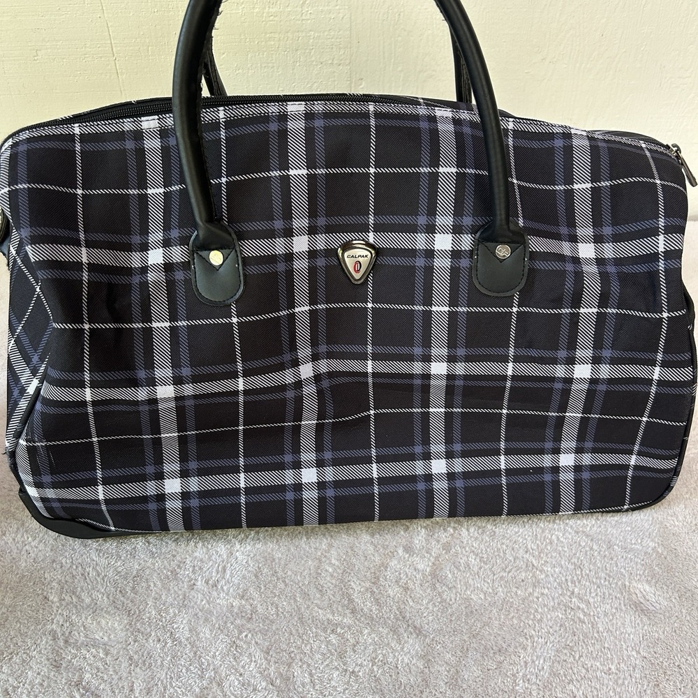 Calpak Empire 21 Inch Rolling Satchel Duffel Bag Plaid Navy Blue Luggage